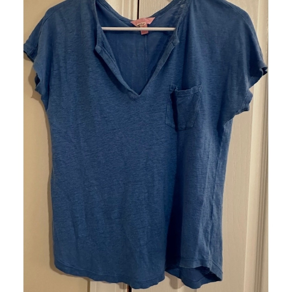 Lilly Pulitzer Women's XS Blue Linen Short Sleeve V‎ Neck Pocket Top